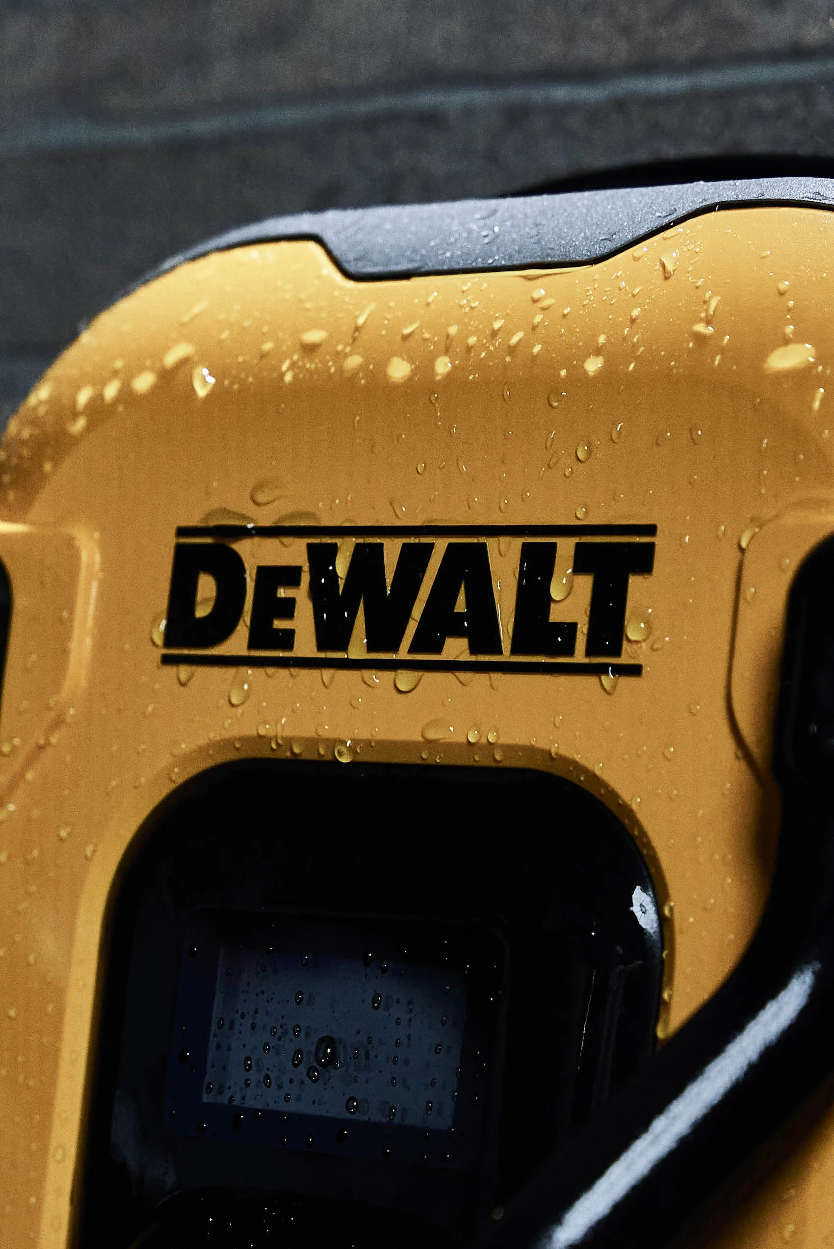 Close up of DEWALT EV Charger in the rain
